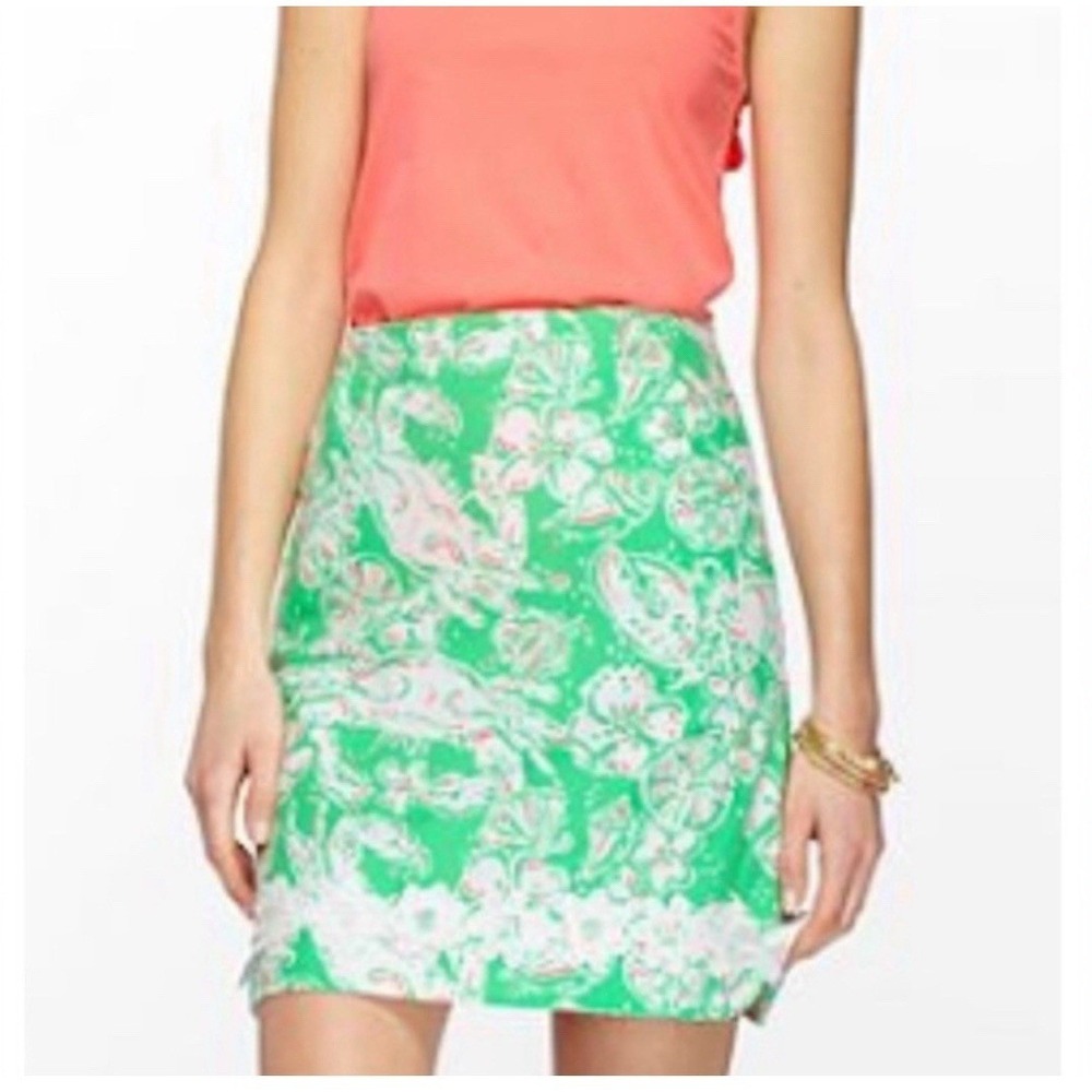 Lilly Pulitzer Mini Skirt Green Floral Crab Print Lace Trim Size 0